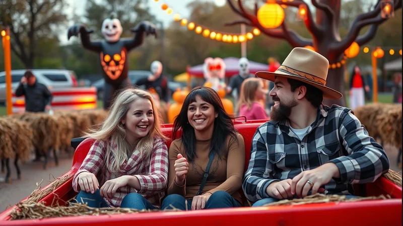 Three friends are smiling and laughing while riding in a red wagon decorated with hay, at a Halloween-themed outdoor event with spooky decorations in the background.