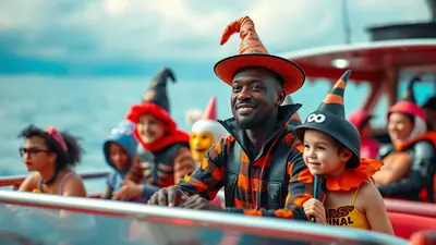 A group of people, including a man and several children, dressed in Halloween costumes, including witch hats and orange and black outfits, are on a boat ride. The man in the foreground is smiling and wearing a plaid shirt and a pointed witch hat. The children are also wearing festive Halloween attire.