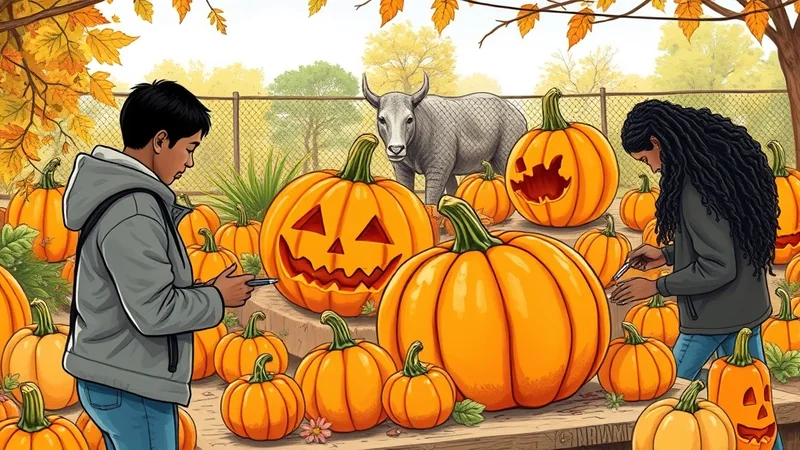 Two children, a boy and a girl, are carving pumpkins outdoors in front of a fence with a cow behind it. The scene is set in autumn with fall foliage visible in the background.