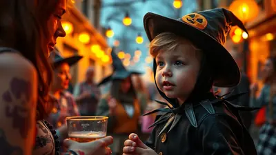 A young child dressed as a witch for Halloween looks up with wide eyes, while an adult holding a beer looks down at them. They are in a festive outdoor setting with blurred lights and other people in costumes.
