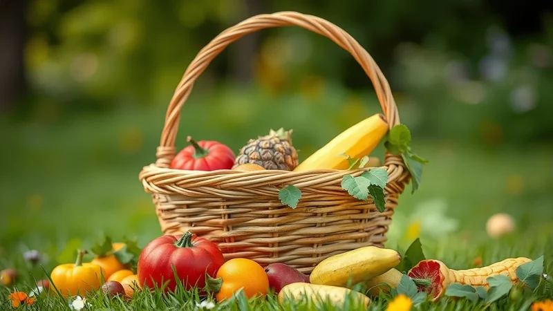 A woven basket filled with fresh fruits and vegetables, including tomatoes, a pineapple, a banana, and squash, sits on a grassy lawn surrounded by more produce and flowers.