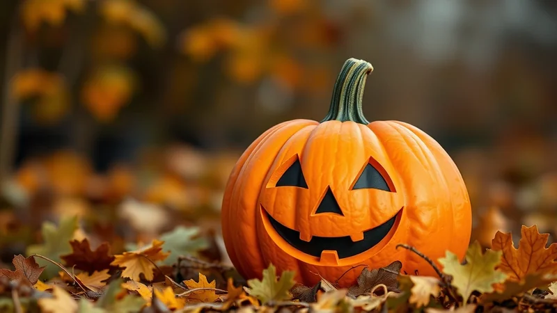A carved jack-o'-lantern with a smiling face sits on a bed of fallen autumn leaves, with a blurred background of trees and more leaves.