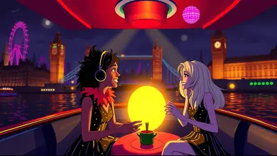 Two women in stylish dresses are enjoying a night cruise on the Thames River in London, with iconic landmarks like the London Eye and Big Ben illuminated in the background.