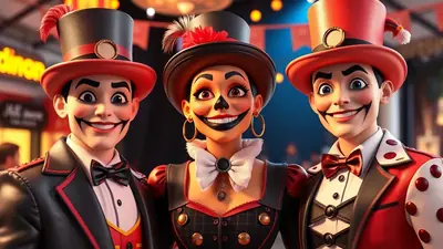 Three clowns in top hats and elaborate costumes stand close together, smiling with exaggerated makeup. The central figure is a woman, flanked by two men, all with a theatrical and slightly unsettling appearance against a blurred background of festive lights.