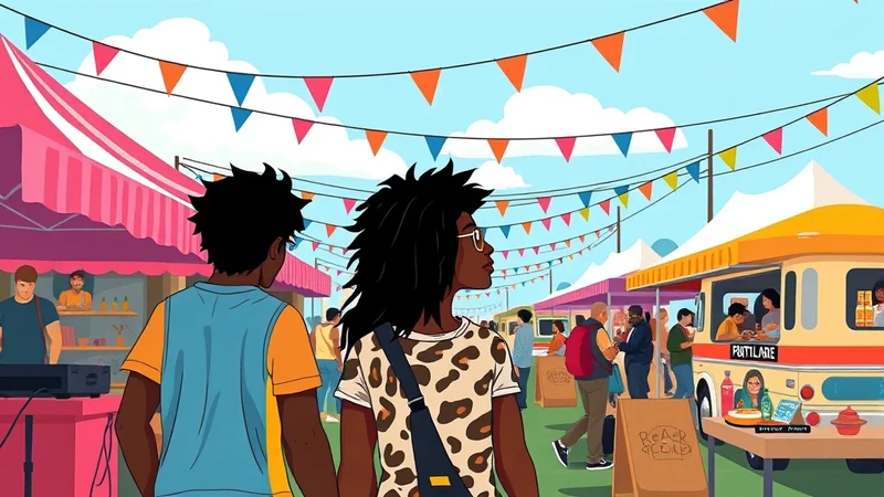 Two people with dark skin and curly hair are walking through an outdoor market. The market has stalls with colorful awnings and strings of triangular flags overhead. People are browsing and eating at food stalls, and there is a food truck in the background.