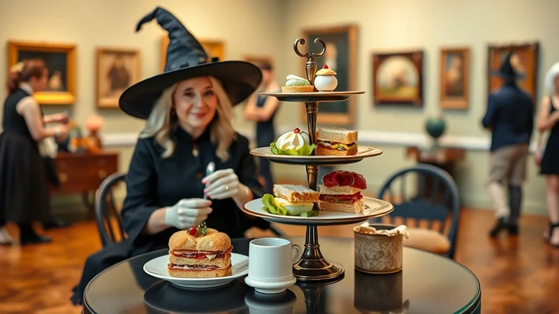 A woman dressed as a witch sits at a table in an art gallery, enjoying a Halloween-themed afternoon tea with sandwiches and pastries.