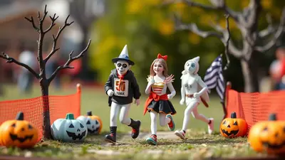 Three figures in Halloween costumes, resembling skeletons and a fairy, are running in a race. They are on a grassy field with pumpkins and bare trees, suggesting a festive outdoor event.