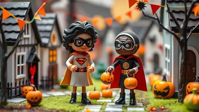 Two children dressed as superheroes, one in a Superman costume and the other in a black and red costume, stand in a Halloween-themed village holding jack-o'-lanterns.