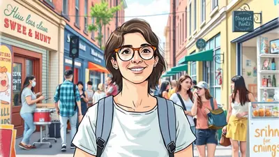 A young woman with glasses and a backpack smiles at the camera while standing on a bustling city street lined with shops. Other people are walking in the background.