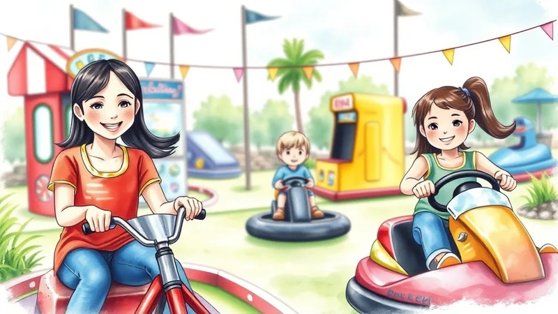 Three children enjoy rides at an amusement park. A girl on the left rides a red bicycle, a boy in the center rides a bumper car, and a girl on the right rides a yellow and pink bumper car. The park has colorful flags and game booths in the background.