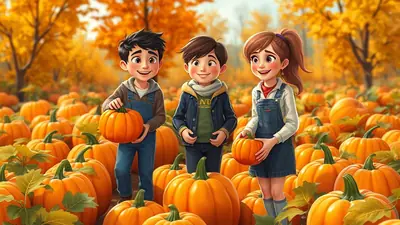 Three cartoon children stand in a pumpkin patch during autumn, holding pumpkins and smiling. The background is filled with more pumpkins and trees with orange leaves.