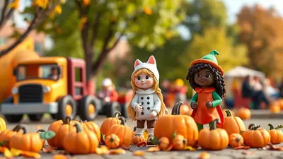 Two cartoon-style dolls, one dressed as a cat and the other as a witch, stand among a pile of pumpkins in an outdoor setting with a toy truck in the background.