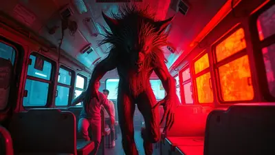 A terrifying werewolf-like creature with sharp claws and fangs stands menacingly in a dimly lit bus, illuminated by eerie red and blue lights, while two frightened passengers try to escape.