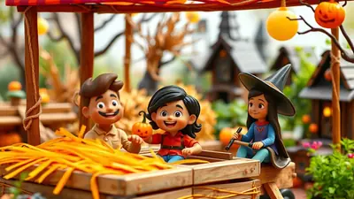 Three cartoon children are at a Halloween-themed market stall. The child on the left is a boy with brown hair and a mustache, smiling. The child in the middle is a girl with black hair, holding a small pumpkin. The child on the right is a girl wearing a witch hat and blue dress, holding a broomstick. They are sitting in a wooden cart filled with hay, with pumpkins and spooky decorations in the background.