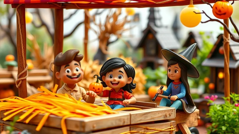 Three cartoon children are at a Halloween-themed market stall. The child on the left is a boy with brown hair and a mustache, smiling. The child in the middle is a girl with black hair, holding a small pumpkin. The child on the right is a girl wearing a witch hat and blue dress, holding a broomstick. They are sitting in a wooden cart filled with hay, with pumpkins and spooky decorations in the background.