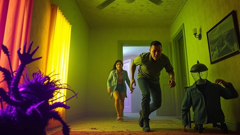 A man and a young girl are running down a hallway away from a large, purple, monstrous creature with multiple arms and a hand raised. The hallway is dimly lit with green and yellow lighting, and there is a framed picture on the wall and a strange figure with a lamp for a head sitting in a chair.