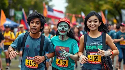 Three participants in a zombie-themed race, with two young adults and one person in zombie makeup, all wearing race bibs and running down a street lined with spectators and flags.