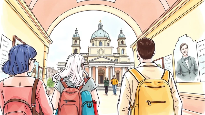 Three students with backpacks walk through an archway towards a large domed building with classical architecture. One student on the right looks at a portrait on the wall.