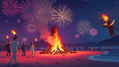 A group of people on a beach at night hold torches and watch a large bonfire as fireworks explode in the sky, with a winged figure holding a torch in the upper right corner.