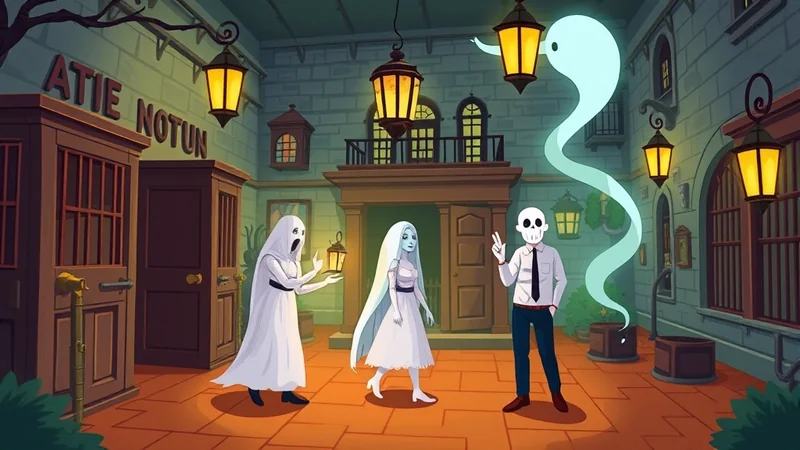 Three figures in a courtyard at night: a person in a ghost costume holding a lantern, a woman in a white dress with long hair, and a person with a skull mask wearing a shirt and tie, with a cartoonish ghost floating above them.
