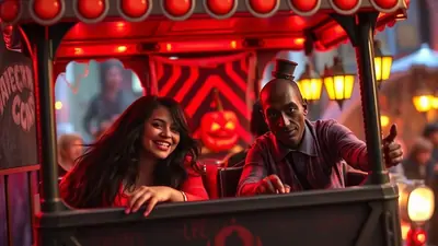 A smiling young woman and a man wearing a small top hat are riding in a spooky, red-lit vehicle, possibly a haunted attraction, with a jack-o'-lantern visible in the background.