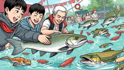 A group of people, including two young boys and an older man, are excitedly looking at a large fish in a body of water. Several other fish are swimming around them, and a crowd of onlookers watches from the background. The scene appears to be a fishing competition or festival.
