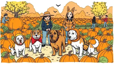 A group of five dogs and two children are in a pumpkin patch on a sunny autumn day. The dogs are in the foreground, with three in the front row and two behind them. The children are standing behind the dogs, and there are many pumpkins and trees in the background. The sky is orange and there are bats flying in the sky.
