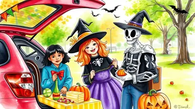 Three children in Halloween costumes, including a skeleton and two witches, are gathered around a table with pumpkins and candy next to a red car in a park setting.