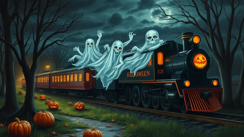A Halloween-themed illustration depicts a spooky, old-fashioned steam train decorated with jack-o'-lanterns and spectral figures. Three white ghosts with glowing orange eyes are emerging from the train's windows and roof, appearing to wave. The train, labeled "HALLOWEEN 1:5", is black with orange accents and glowing windows. It travels through a dark, eerie forest at night, with bare trees, a full moon, and numerous carved pumpkins scattered along the tracks, creating a festive yet chilling atmosphere.