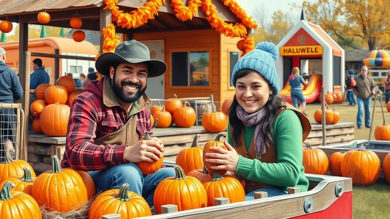 A smiling couple sits in a wagon filled with pumpkins at a fall festival. The man wears a cowboy hat and plaid shirt, while the woman wears a blue beanie and green sweater. They are surrounded by many pumpkins and a festive autumn scene with a small building in the background.