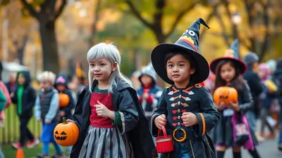 Two young children in Halloween costumes, one dressed as a witch with a pointed hat and the other with a gray wig and cape, hold jack-o'-lanterns while walking in a parade with other costumed children in the background.