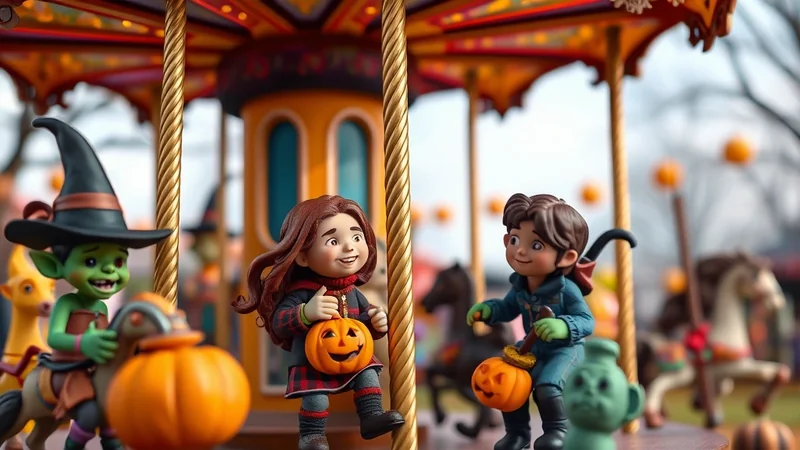 Three cartoon characters, a green goblin witch, a girl with long brown hair, and a boy, are riding on a Halloween-themed carousel. Each character holds a carved pumpkin lantern, and the carousel is decorated with pumpkins and has a festive, spooky atmosphere.