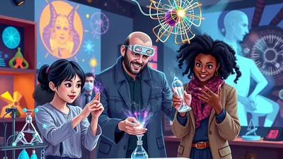Three scientists, two women and one man, are in a futuristic laboratory, experimenting with glowing purple energy. The man in the center is holding a flask that is emitting the energy, while the woman on the right holds a similar flask and looks amazed. The woman on the left is pointing at the energy with a curious expression. The background features scientific equipment and holographic displays, including a stylized portrait of a woman with cat ears.