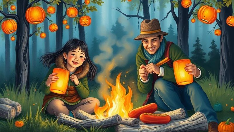 A young girl and a man are sitting by a campfire in a forest at night, holding lanterns and smiling. Jack-o'-lanterns hang from the trees above, and hot dogs are cooking over the fire, creating a festive Halloween atmosphere.