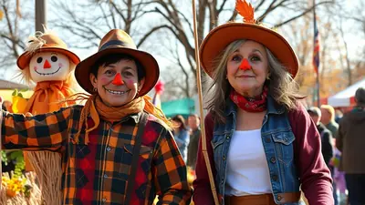 Two people dressed as scarecrows with orange hats and red noses smile at the camera, with a scarecrow doll behind them at an outdoor event.