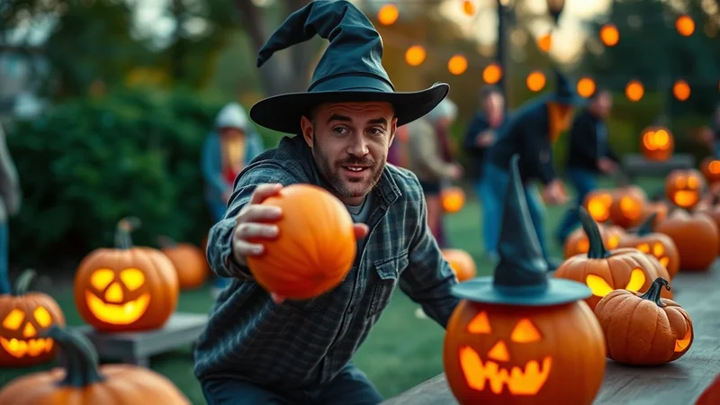 A man in a witch hat holds out a small pumpkin towards the camera, surrounded by carved jack-o'-lanterns and blurred figures in the background during a Halloween gathering.