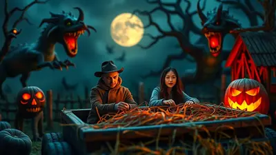 A man and a woman sit in a wagon filled with hay, surrounded by spooky Halloween decorations including jack-o-lanterns and dragons, under a full moon.