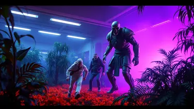 A terrifying, skeletal figure in dark armor looms over two men running through a room filled with red flowers and lush green plants, illuminated by eerie purple and blue lights.