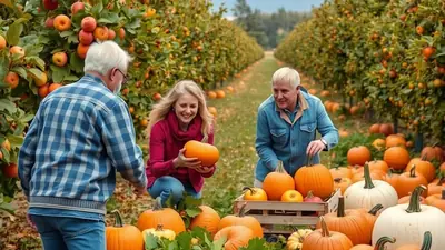 Three people, two older men and a younger woman, are in a pumpkin patch with rows of apple trees in the background. The woman is holding a pumpkin and smiling, while the two men look on.