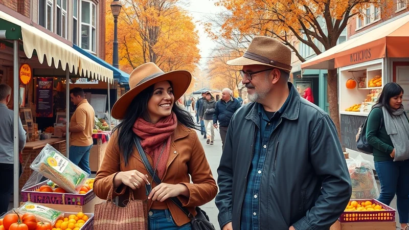 A smiling couple wearing hats walks through an outdoor market in the fall, with colorful autumn leaves on the trees and stalls selling produce.