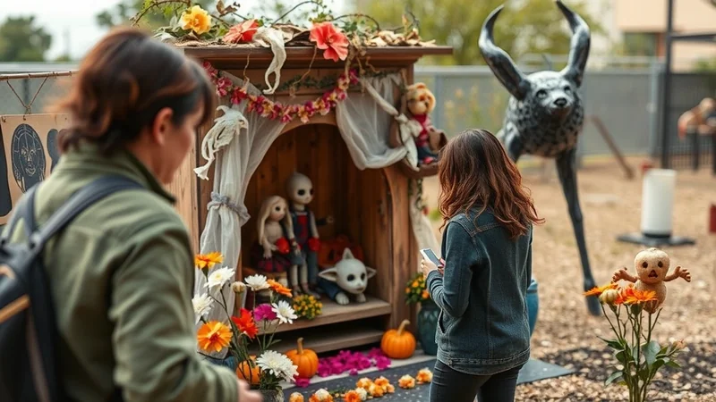 Two people, viewed from behind, look at a Halloween-themed display featuring dolls and pumpkins, with a large, stylized wolf statue in the background.