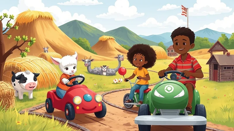 Two children, one Black boy and one white goat-like character, are riding in toy cars on a farm. A Black girl is riding a tricycle. There are hay bales, cows, and goats in the background, with rolling hills and a flag under a blue sky.