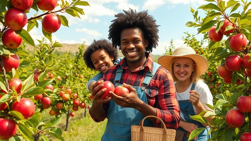 A smiling Black man and child, with a smiling blonde woman in a straw hat, stand in an apple orchard holding red apples. The man wears a red plaid shirt and denim overalls, and the child is behind him. The woman is to the right, also in denim overalls. The orchard is lush with green leaves and ripe red apples on the branches, under a bright blue sky with some clouds.