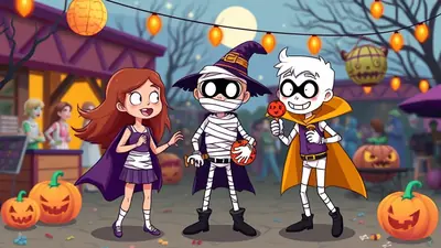 Three children in Halloween costumes stand in front of a festive outdoor market stall, with pumpkins and string lights decorating the scene.