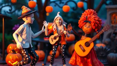 Three stylized figures are playing guitars and dancing outdoors at night, surrounded by pumpkins and Halloween decorations. The figure on the left wears a witch's hat, the middle figure has a white cone hat, and the figure on the right has a large orange afro.