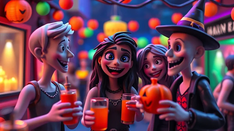 Four cartoonish friends are celebrating Halloween, holding drinks and a small pumpkin, with festive decorations like jack-o'-lanterns and colorful lights in the background.