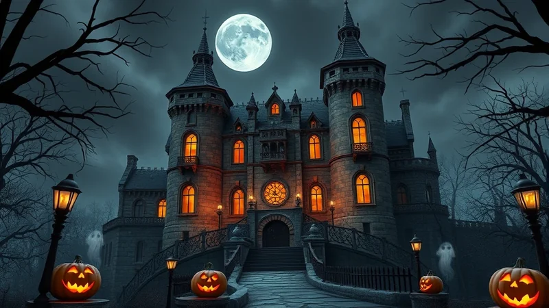 A spooky haunted castle looms under a full moon, with glowing windows, jack-o'-lanterns, and ghostly figures in the foreground, creating a classic Halloween atmosphere.