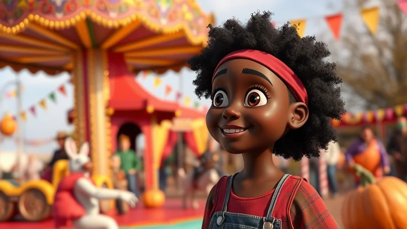 A stylized 3D animated young Black girl with curly hair and a red headband smiles brightly at a fall carnival, with a carousel and other attractions blurred in the background.