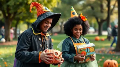 Two children in Halloween costumes, a boy holding a carved pumpkin and a girl holding a box of candy, stand in a park decorated with pumpkins.