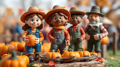 Four cartoon farmers, two children and two adults, stand in a pumpkin patch wearing overalls and hats. The children are holding pumpkins, and the scene is festive and autumnal.